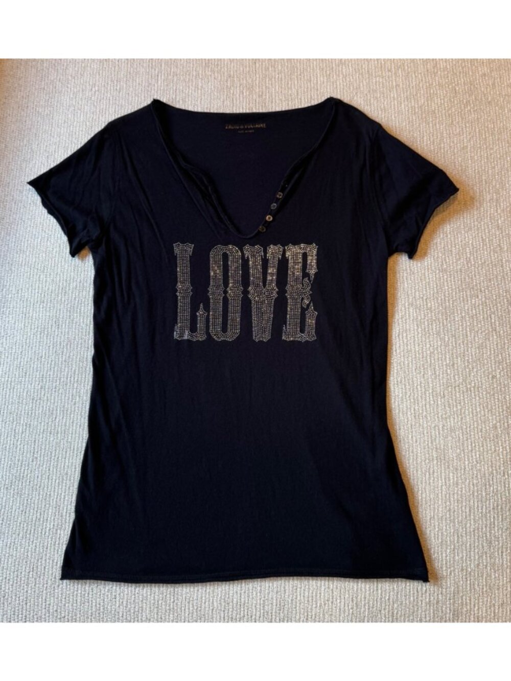 Zadig & Voltaire Black Short Sleeve T-Shirt Love Rhinestones Size Womens Medium